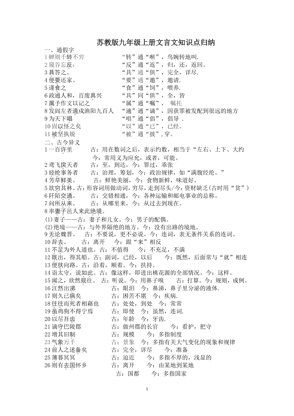 苏教版九年级上册文言文知识点归纳_第1页