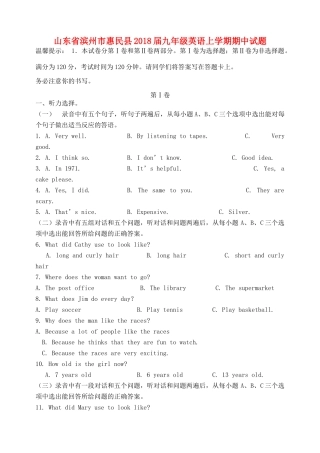 山东省滨州市惠民县九年级英语上学期期中试卷