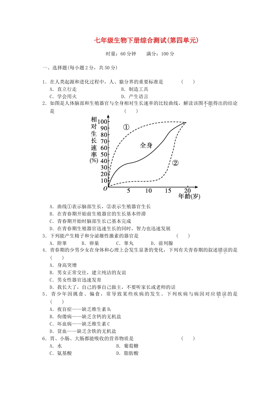 中考生物一轮复习 七下综合测试(第4单元) 新人教版试卷_第1页