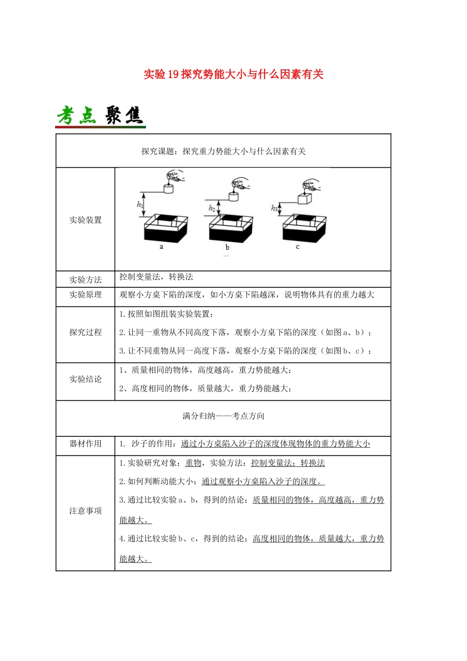 中考物理必考实验精解精练专题 实验19 探究势能大小与什么因素有关试卷_第1页