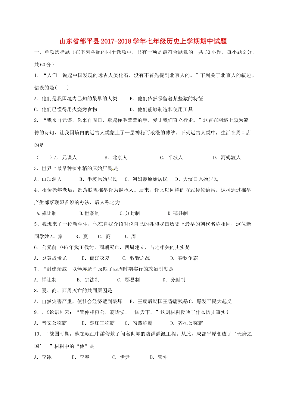 山东省邹平县七年级历史上学期期中试卷 新人教版试卷_第1页