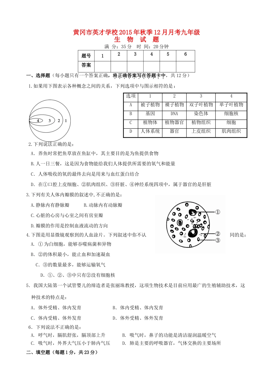 季九年级生物(12月)月考试卷_第1页