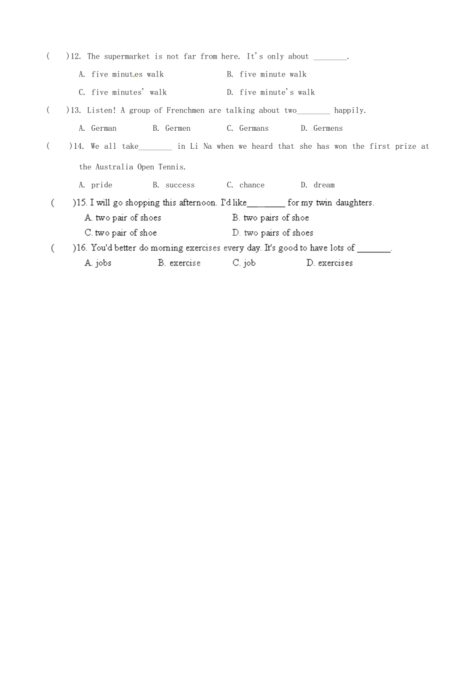 中考英语语法专题猜押冲刺 专题1 名词试卷_第2页