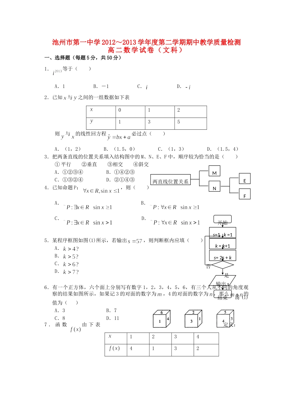 安徽省池州市高二数学下学期期中试卷 文新人教A版试卷_第1页