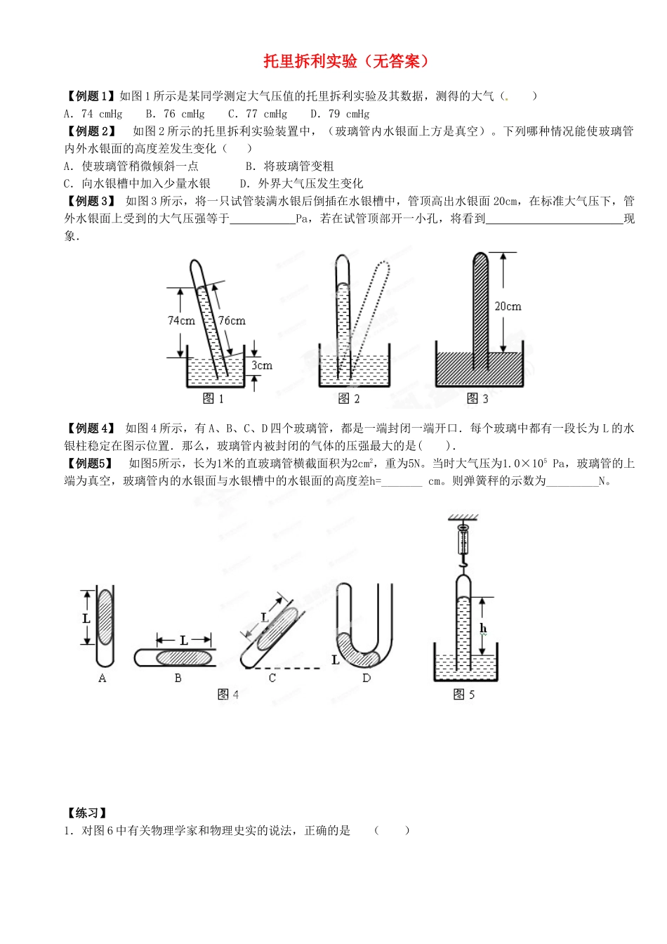 中考物理总复习 托里拆利实验试卷_第1页