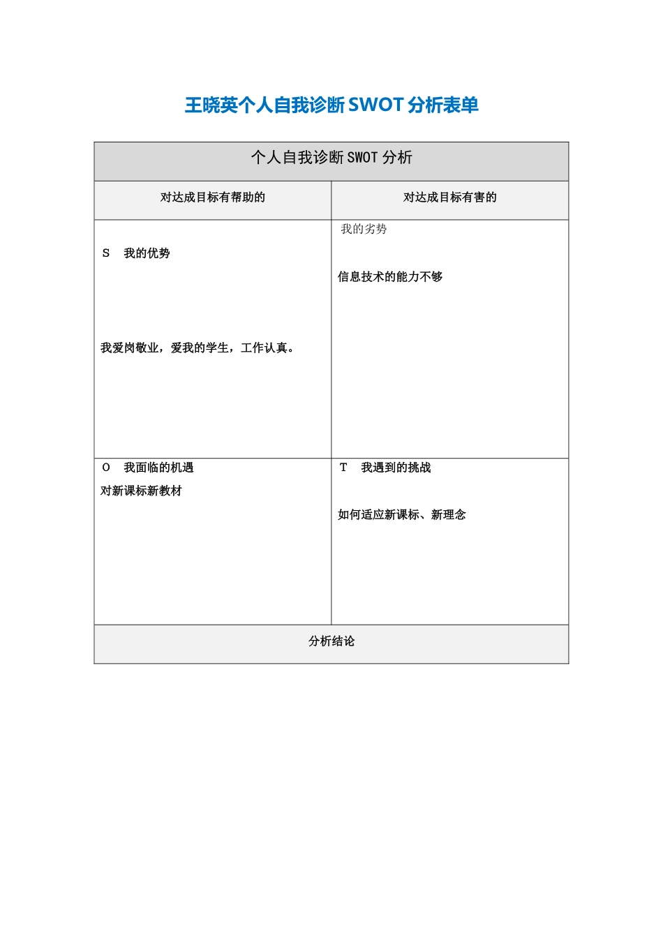 个人自我诊断SWOT分析表-(2)_第1页