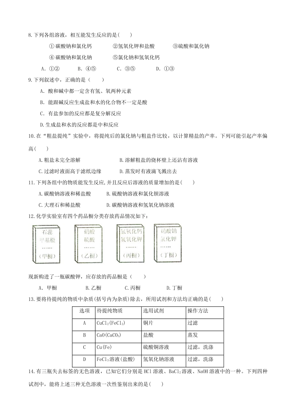 九年级化学下册 第十一单元 盐 化肥单元过关测试卷(新版)新人教版试卷_第2页