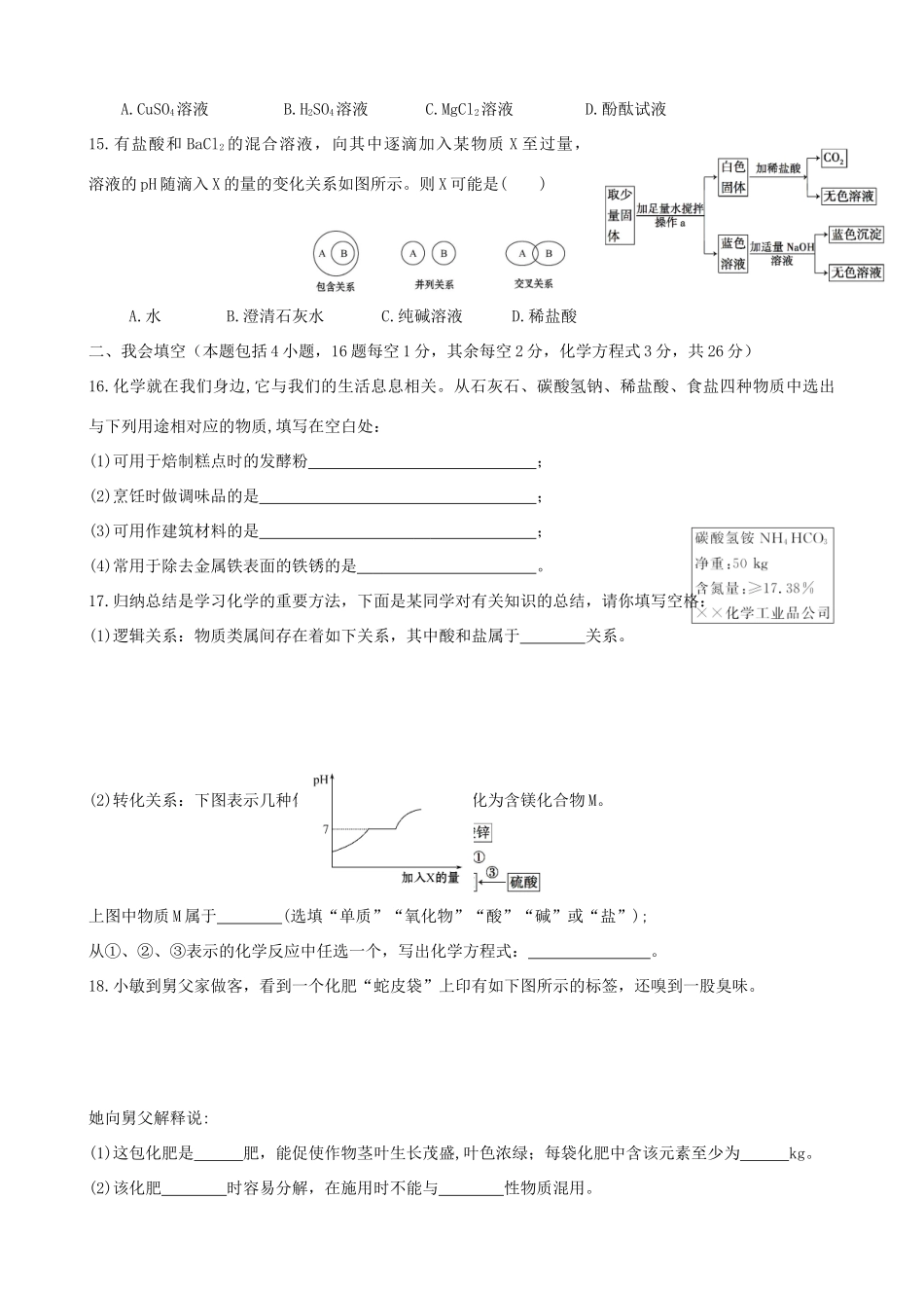 九年级化学下册 第十一单元 盐 化肥单元过关测试卷(新版)新人教版试卷_第3页