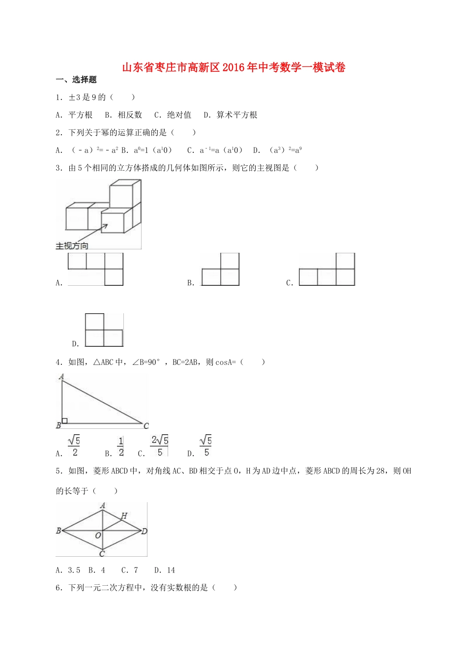 山东省枣庄市高新区中考数学一模试卷试卷_第1页