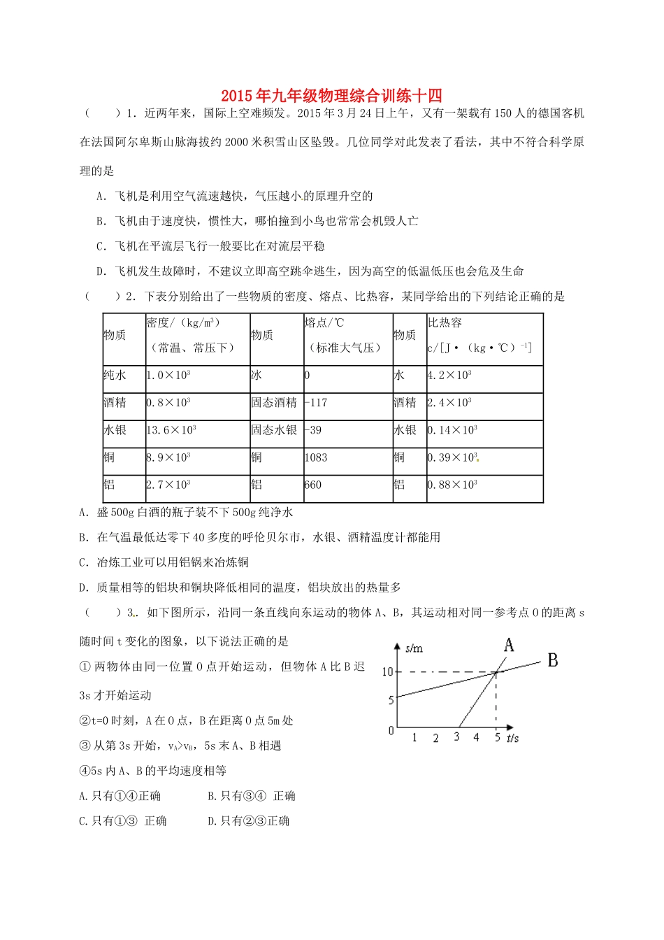 九年级物理上学期周末综合训练试卷十四 新人教版试卷_第1页