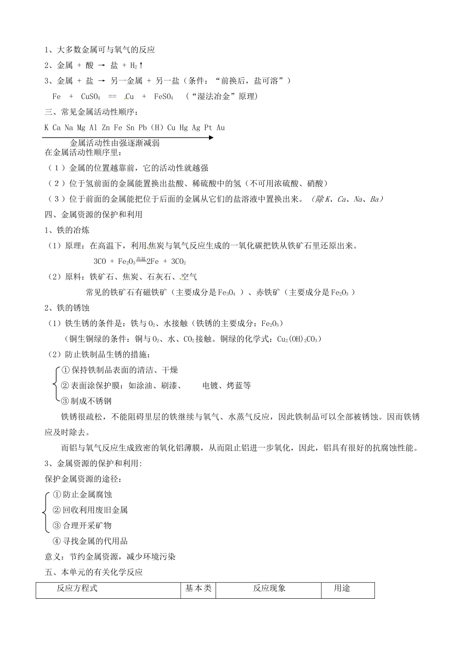 九年级化学 第八单元(金属资源的利用和保护)知识点试卷_第2页