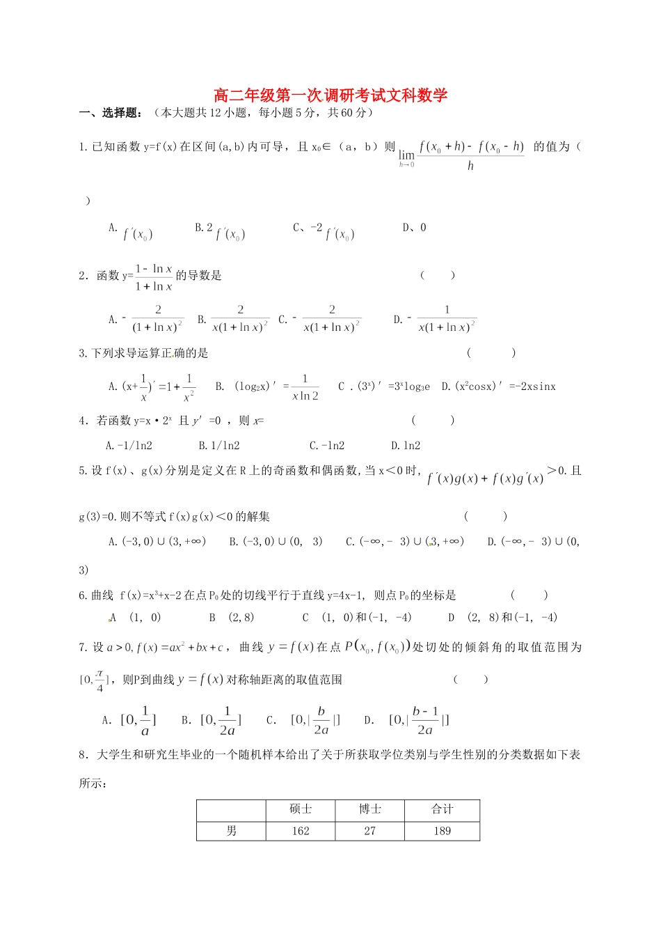 山西省太原市清徐县 高二数学下学期第一次调研考试试卷 文试卷_第1页