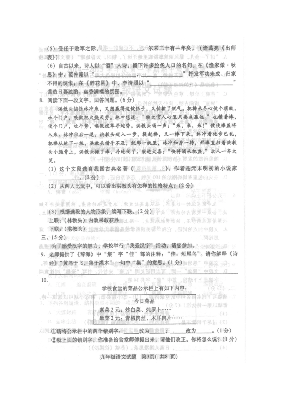 山东省潍坊市潍城区九年级语文上学期期中质量检测试卷新人教版试卷_第3页