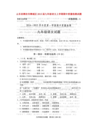 山东省潍坊市潍城区九年级语文上学期期中质量检测试卷新人教版试卷