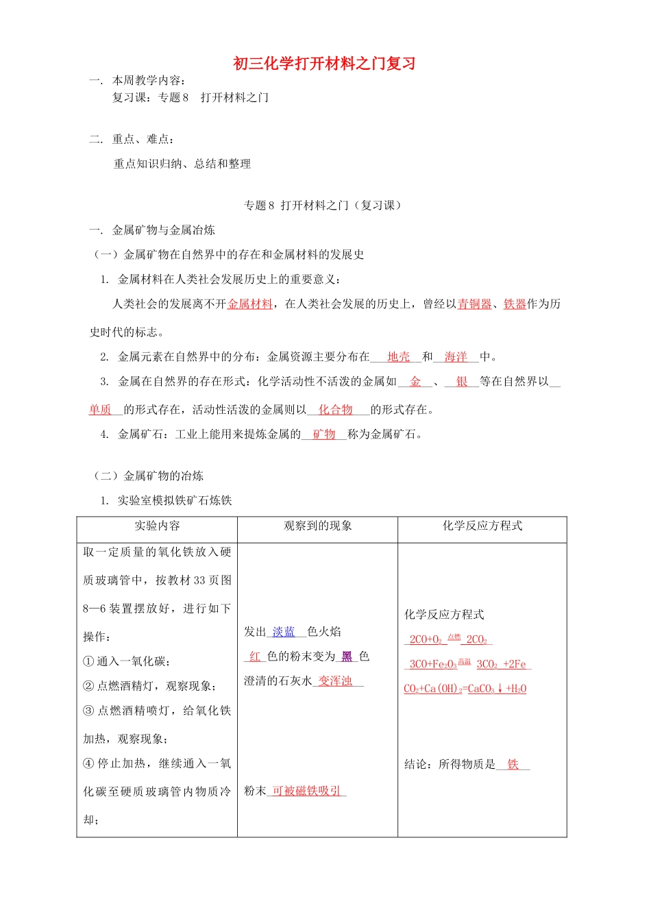初三化学打开材料之门复习 湘教版 试题_第1页