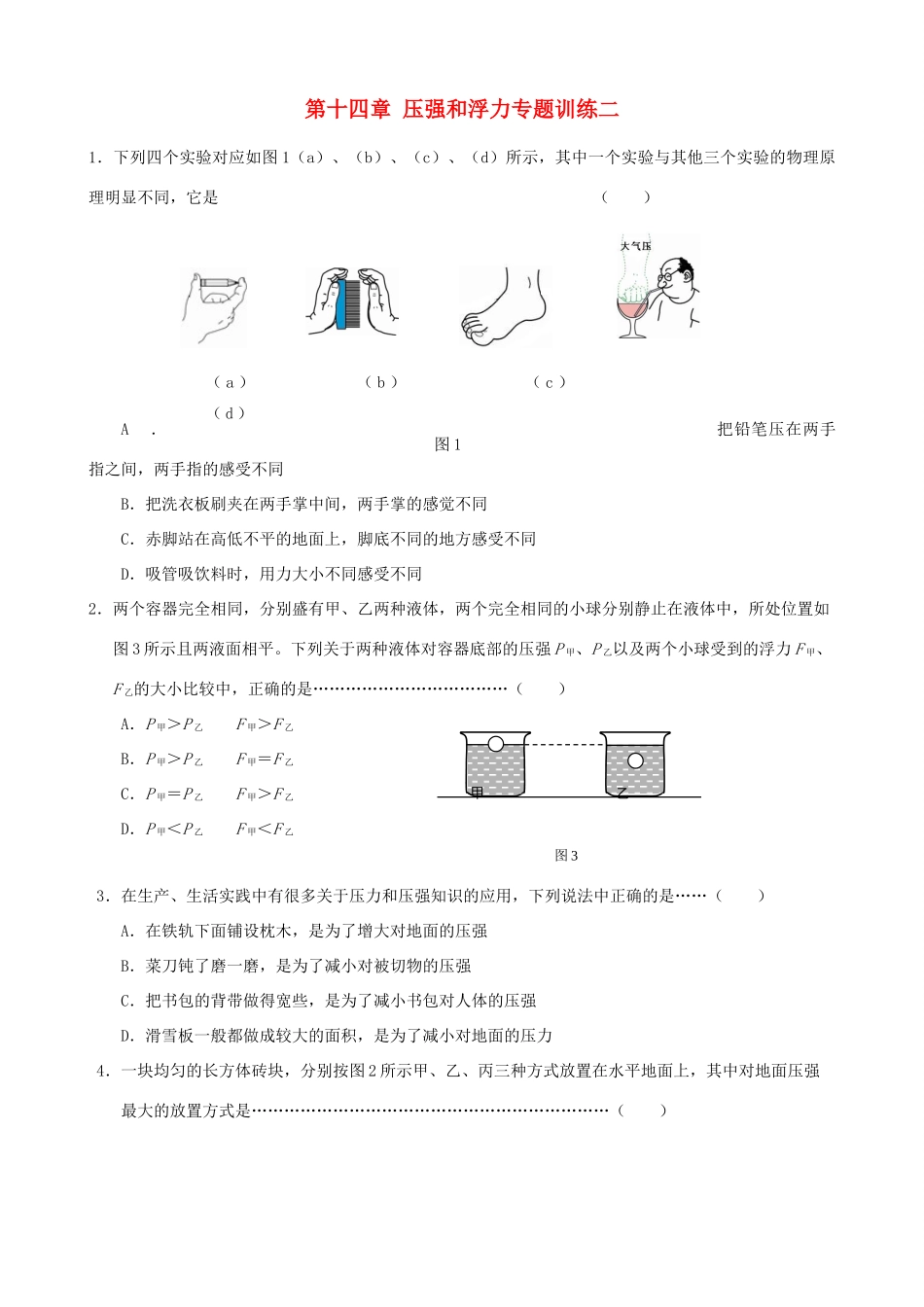 九年级物理 第十四章压强和浮力专题训练二 人教新课标版试卷_第1页