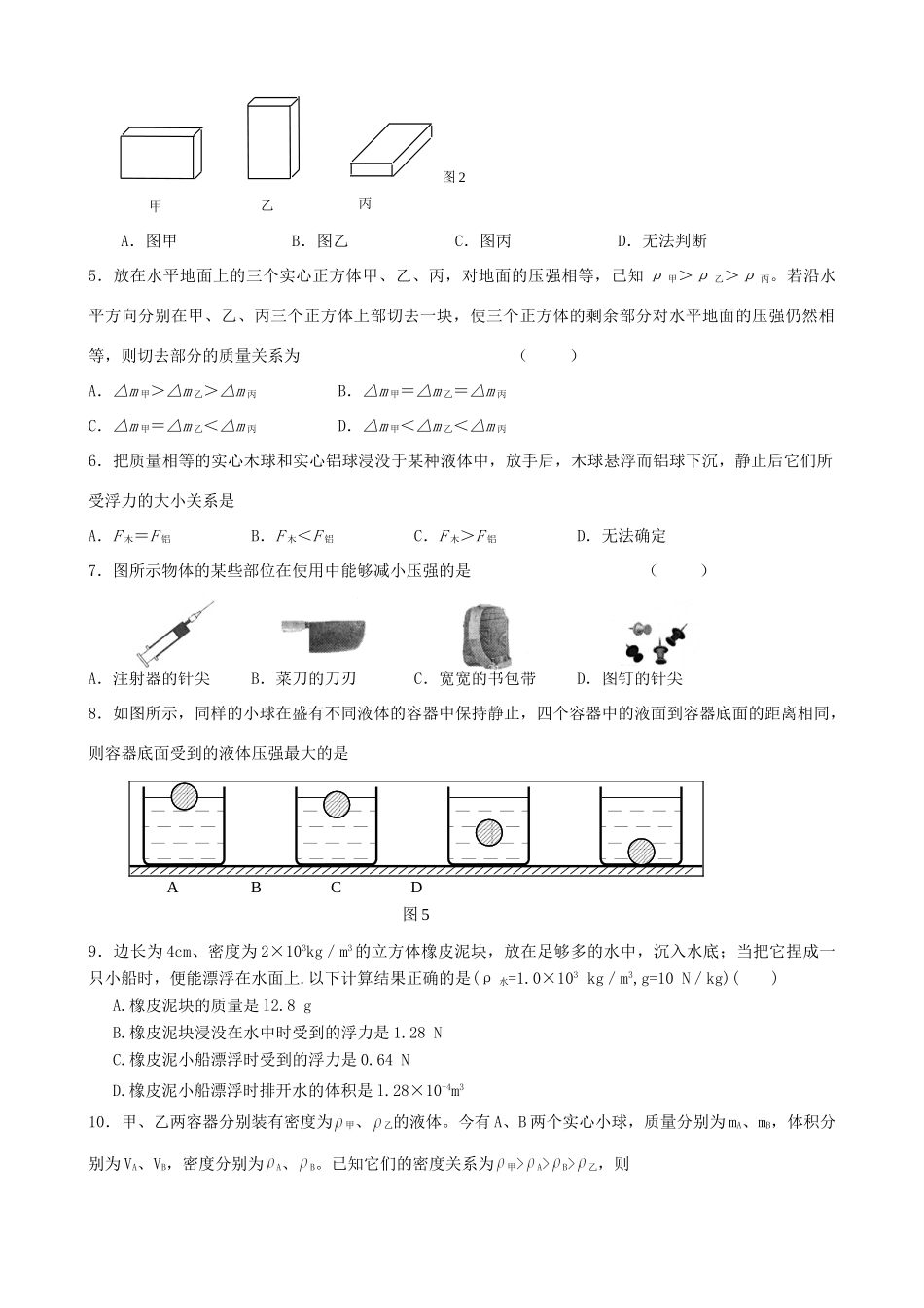 九年级物理 第十四章压强和浮力专题训练二 人教新课标版试卷_第2页