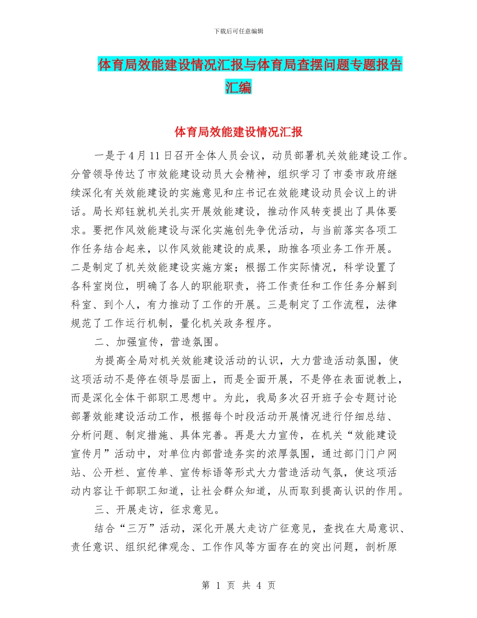 体育局效能建设情况汇报与体育局查摆问题专题报告汇编_第1页