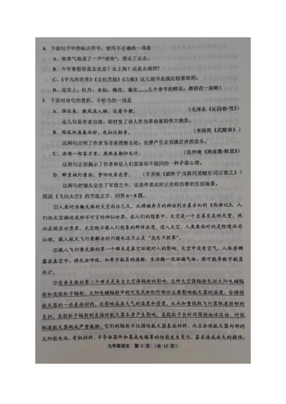 天津市宝坻、宁河、蓟州、静海、武清五区届九年级语文上学期期末考试试卷 新人教版试卷_第2页