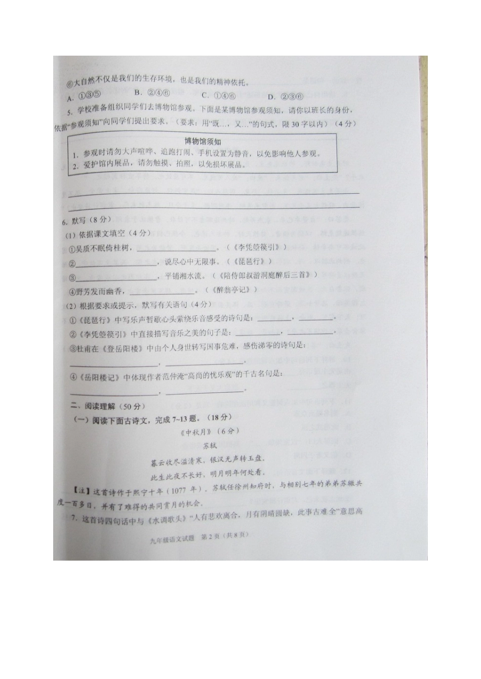 山东枣庄市山亭区九年级语文上学期期末试卷新人教版试卷_第2页