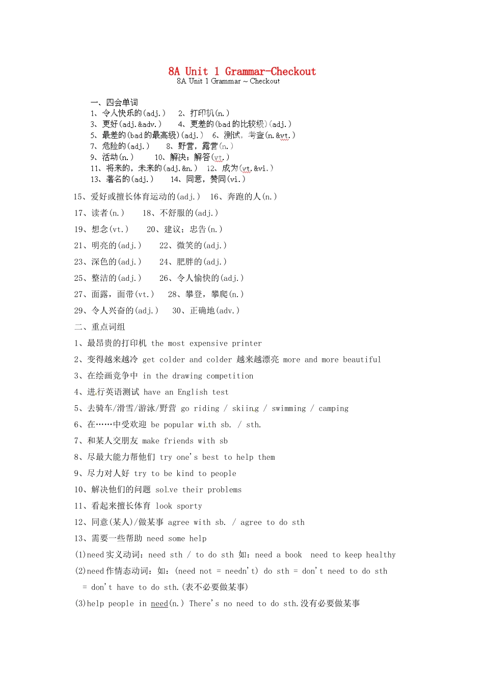 中考英语总复习 8A Unit 1 Grammar-Checkout试卷_第1页