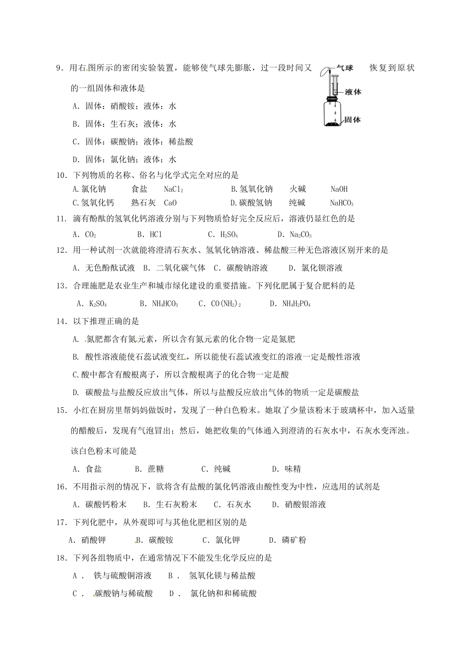 九年级化学下册 第十一单元 盐 化肥测试卷(新版)新人教版试卷_第2页