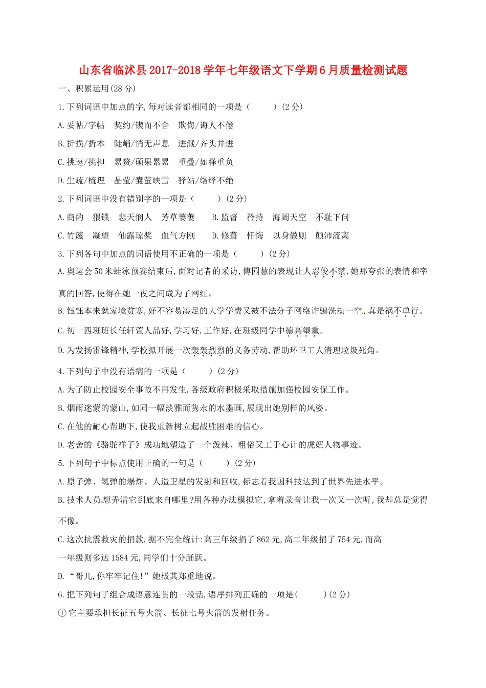 山东省临沭县七年级语文下学期6月质量检测试卷 新人教版试卷_第1页