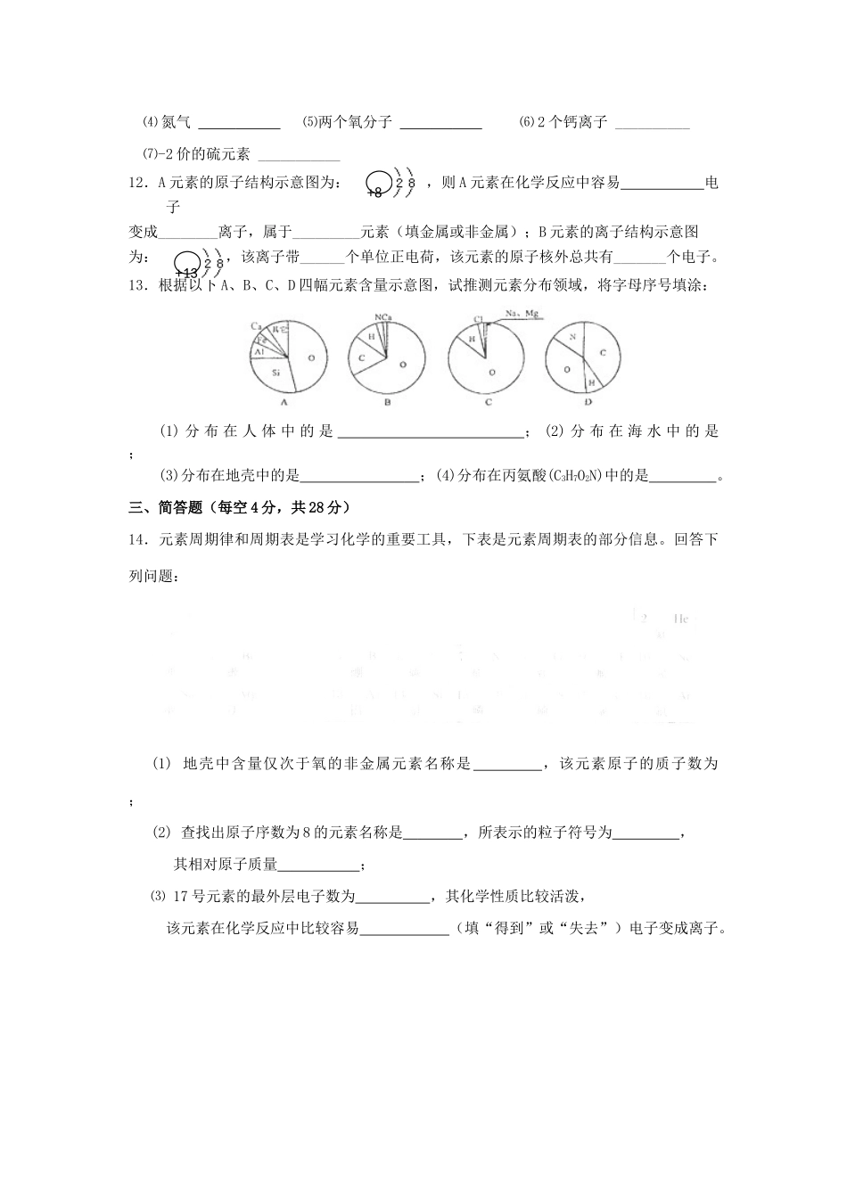 九年级化学上学期教学单元同步检测题 第3章 (物质构成的奥秘) 新人教版试卷_第2页