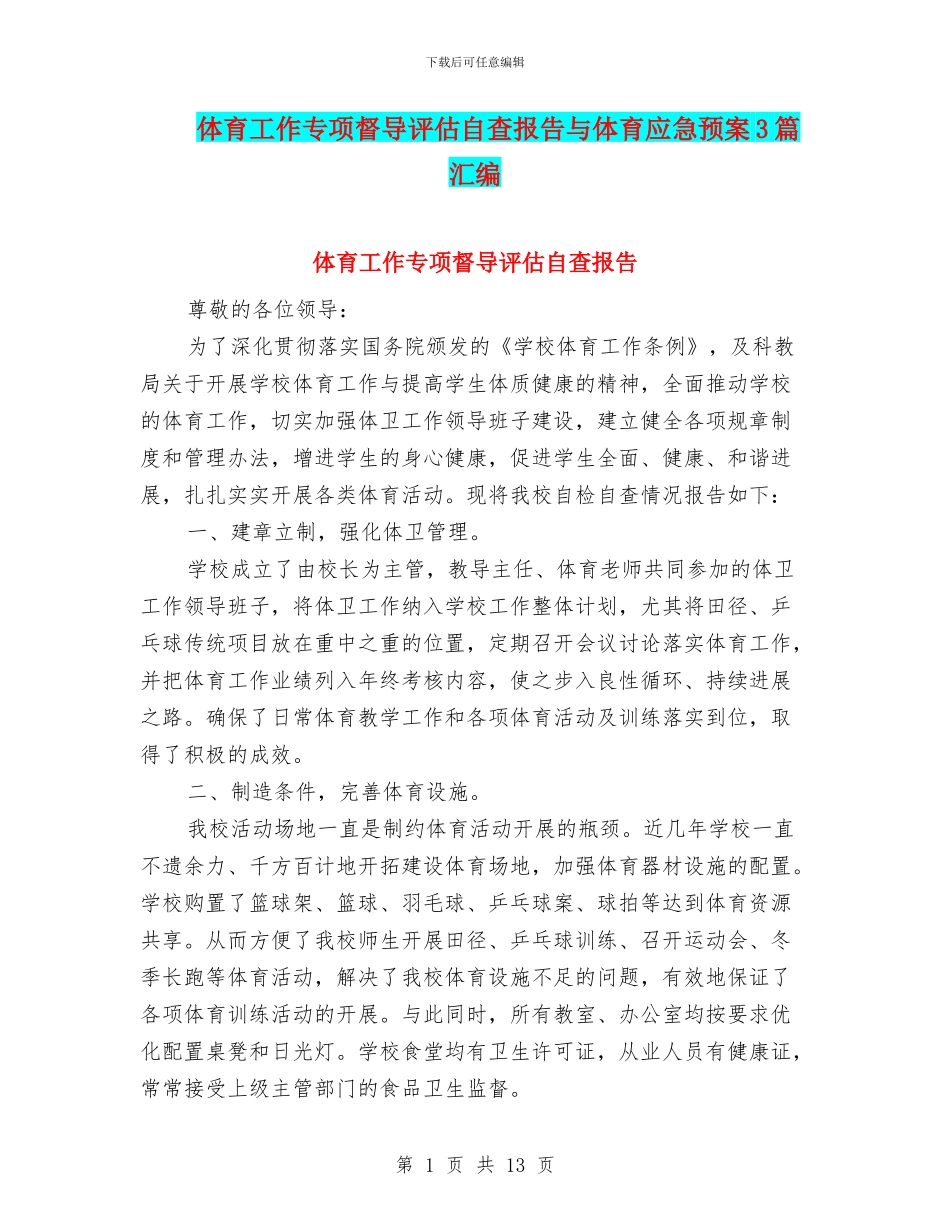 体育工作专项督导评估自查报告与体育应急预案3篇汇编_第1页
