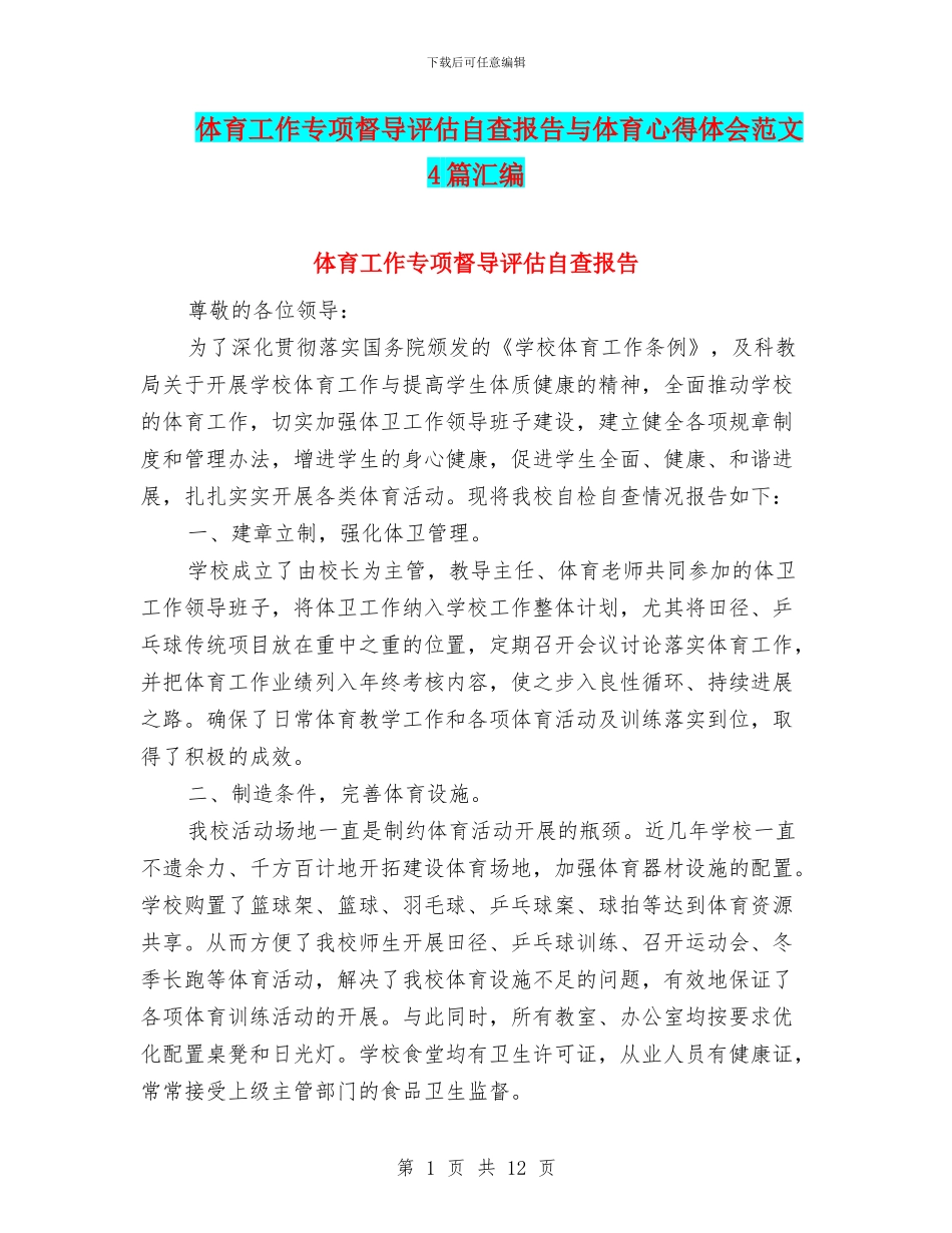 体育工作专项督导评估自查报告与体育心得体会范文4篇汇编_第1页