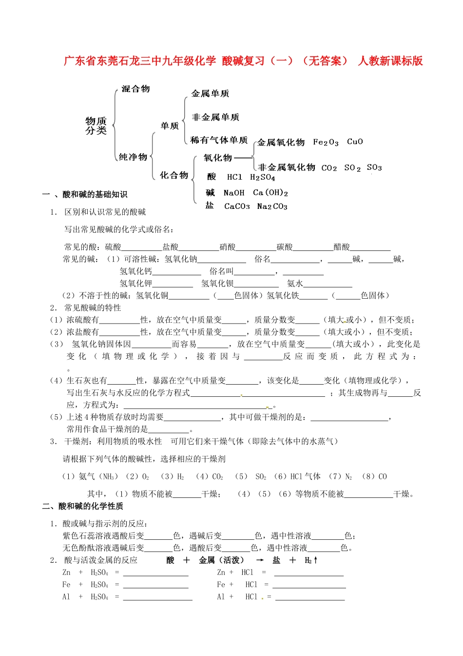 九年级化学 酸碱复习(一) 人教新课标版试卷_第1页