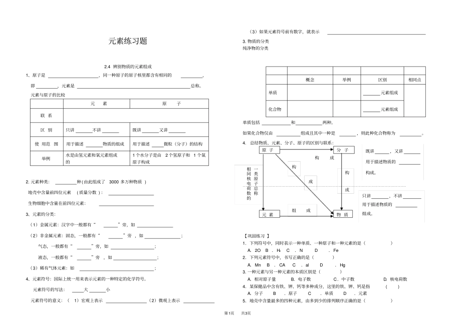 九年级上册化学元素练习题_第1页