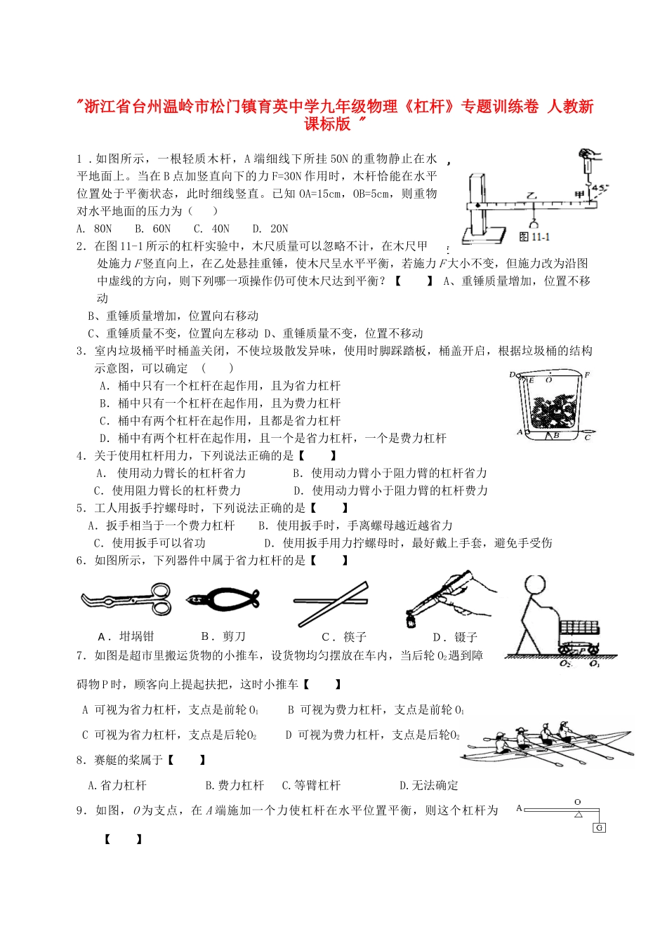 九年级物理(杠杆)专题训练卷 人教新课标版试卷_第1页