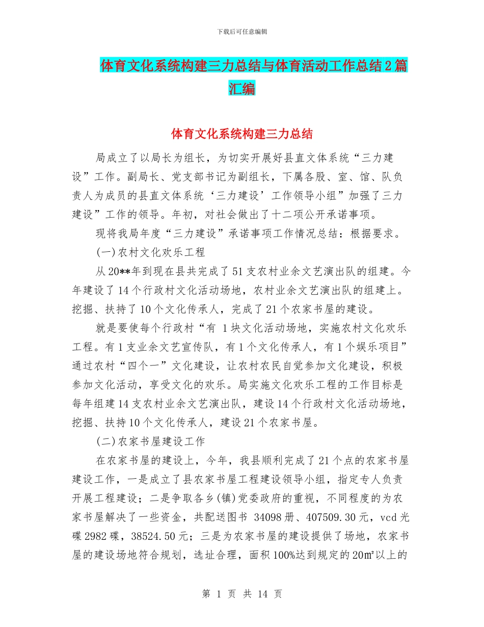 体育文化系统构建三力总结与体育活动工作总结2篇汇编_第1页