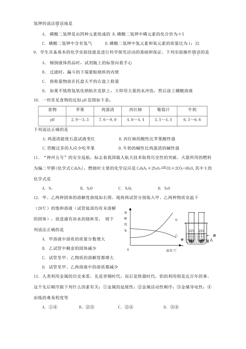 山东省济南市历下区中考化学模拟考试 新课标试卷_第2页