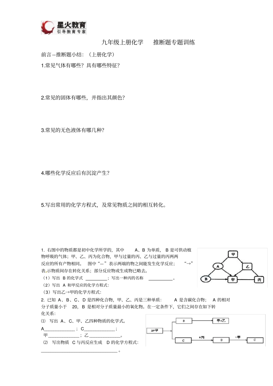 九年级上册化学推断题专题训练_第1页
