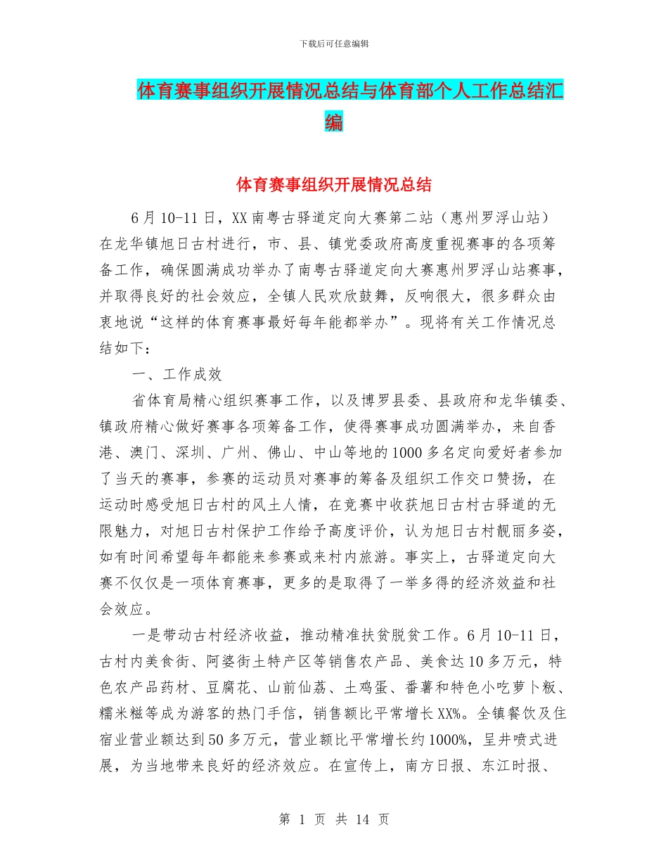 体育赛事组织开展情况总结与体育部个人工作总结汇编_第1页