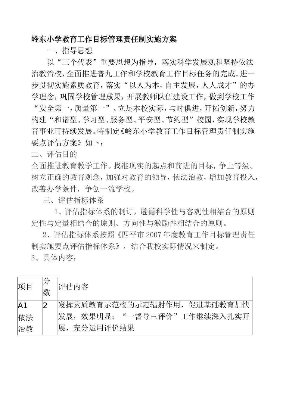 岭东小学教育工作目标管理责任制实施方案_第1页