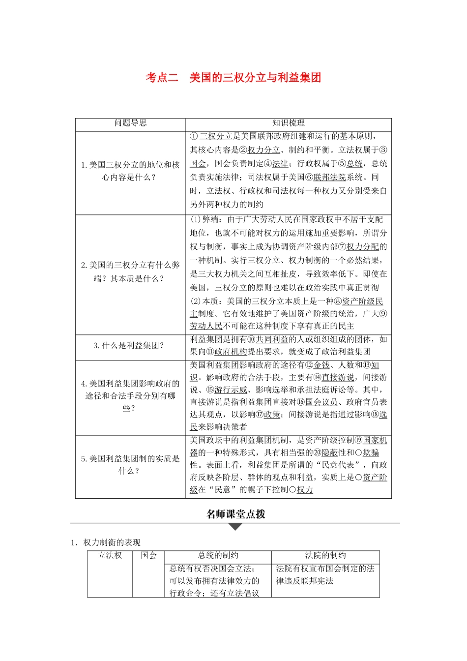 （浙江专用）高考政治二轮复习 专题十九 联邦制、两党制、三权分立：以美国为例 考点二 美国的三权分立与利益集团试题-人教版高三全册政治试题_第1页