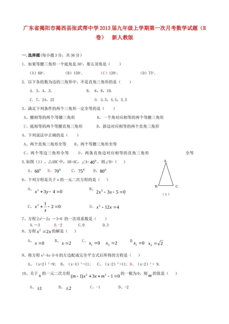 九年级数学上学期第一次月考试卷(B卷)  新人教版试卷_第1页
