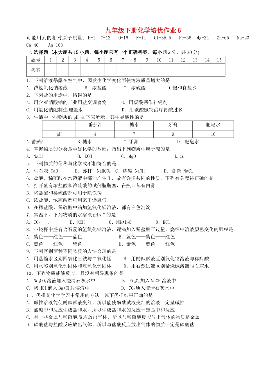 九年级化学下学期培优作业6 新人教版试卷_第1页