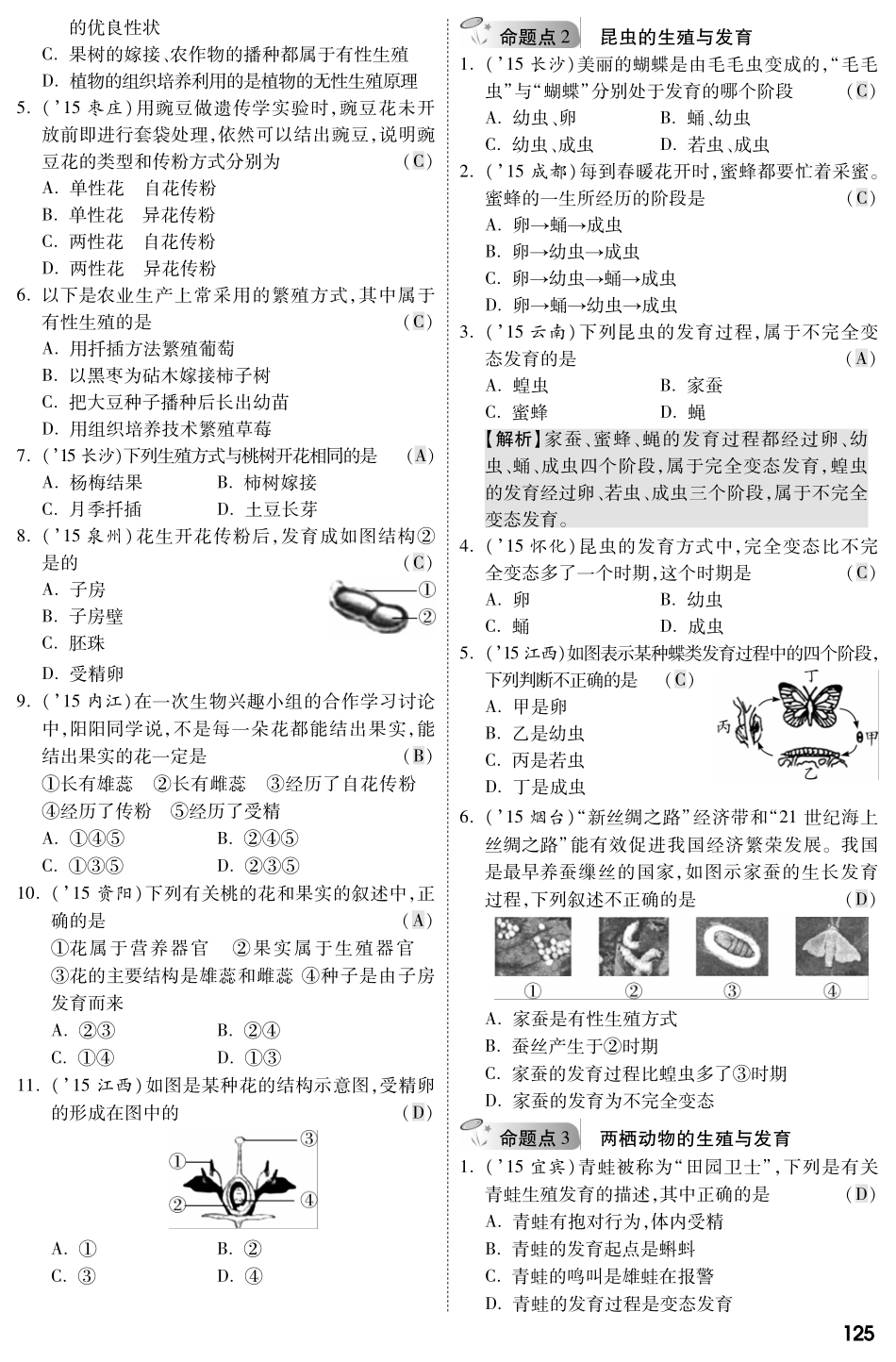 中考生物 第一部分 教材知识梳理 第8单元 第21章 生物的生殖与发育复习专题综合训练(pdf，含解析) 苏教版试卷_第2页