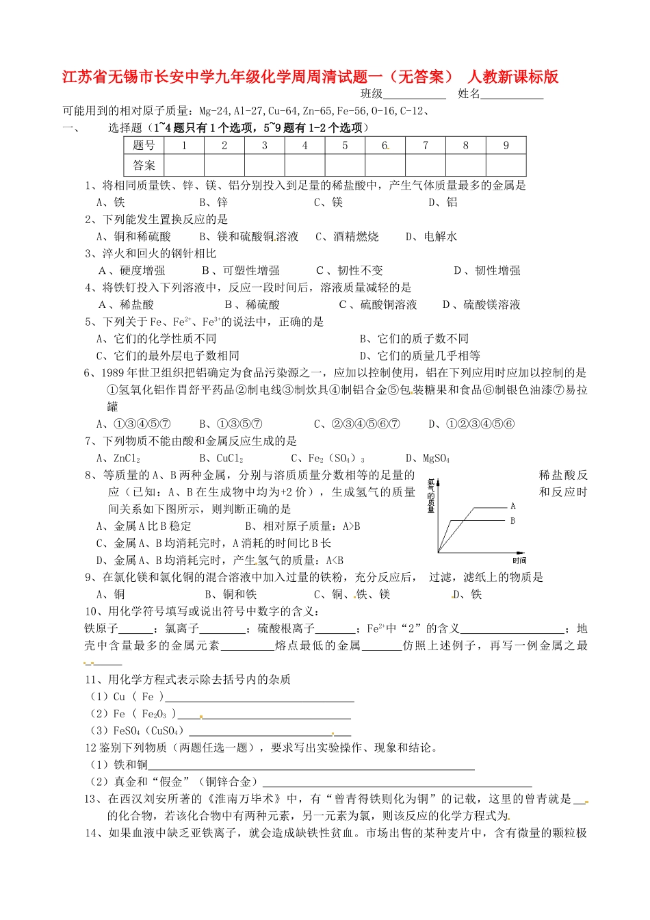 九年级化学周周清试卷一 人教新课标版试卷_第1页
