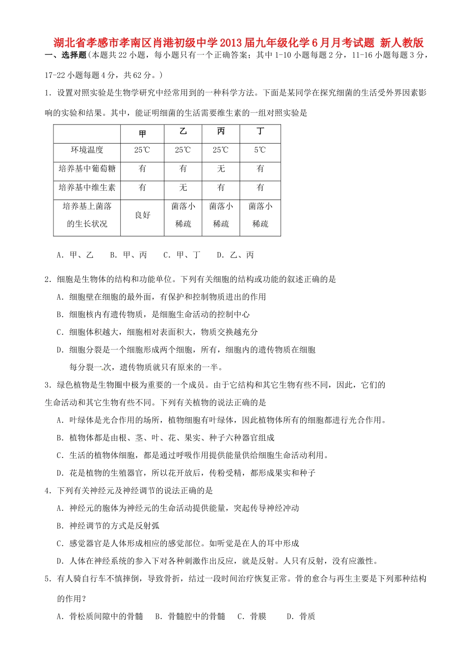 九年级化学6月月考试卷 新人教版试卷_第1页