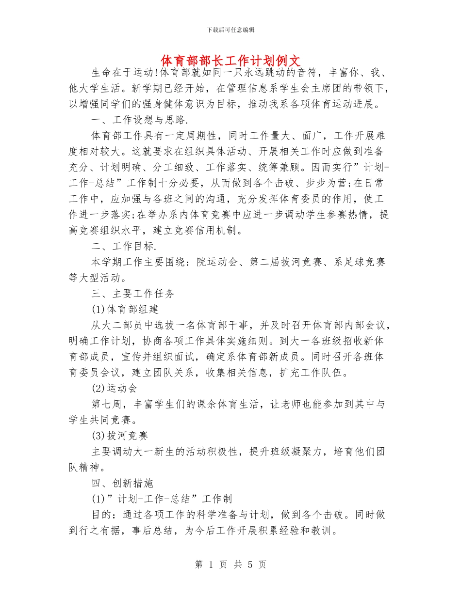 体育部部长工作计划例文_第1页