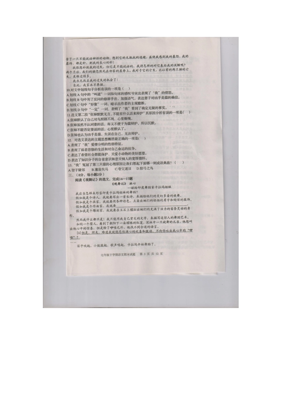 山东省新泰市七年级语文下学期期末考试试卷(扫描版，无答案) 鲁教版五四制试卷_第3页