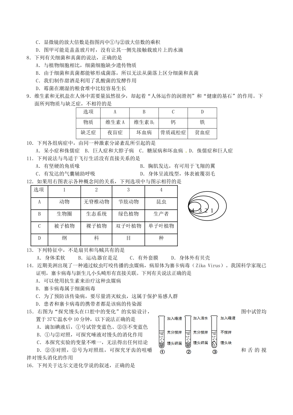 山东省青岛市中考生物真题试卷试卷_第2页