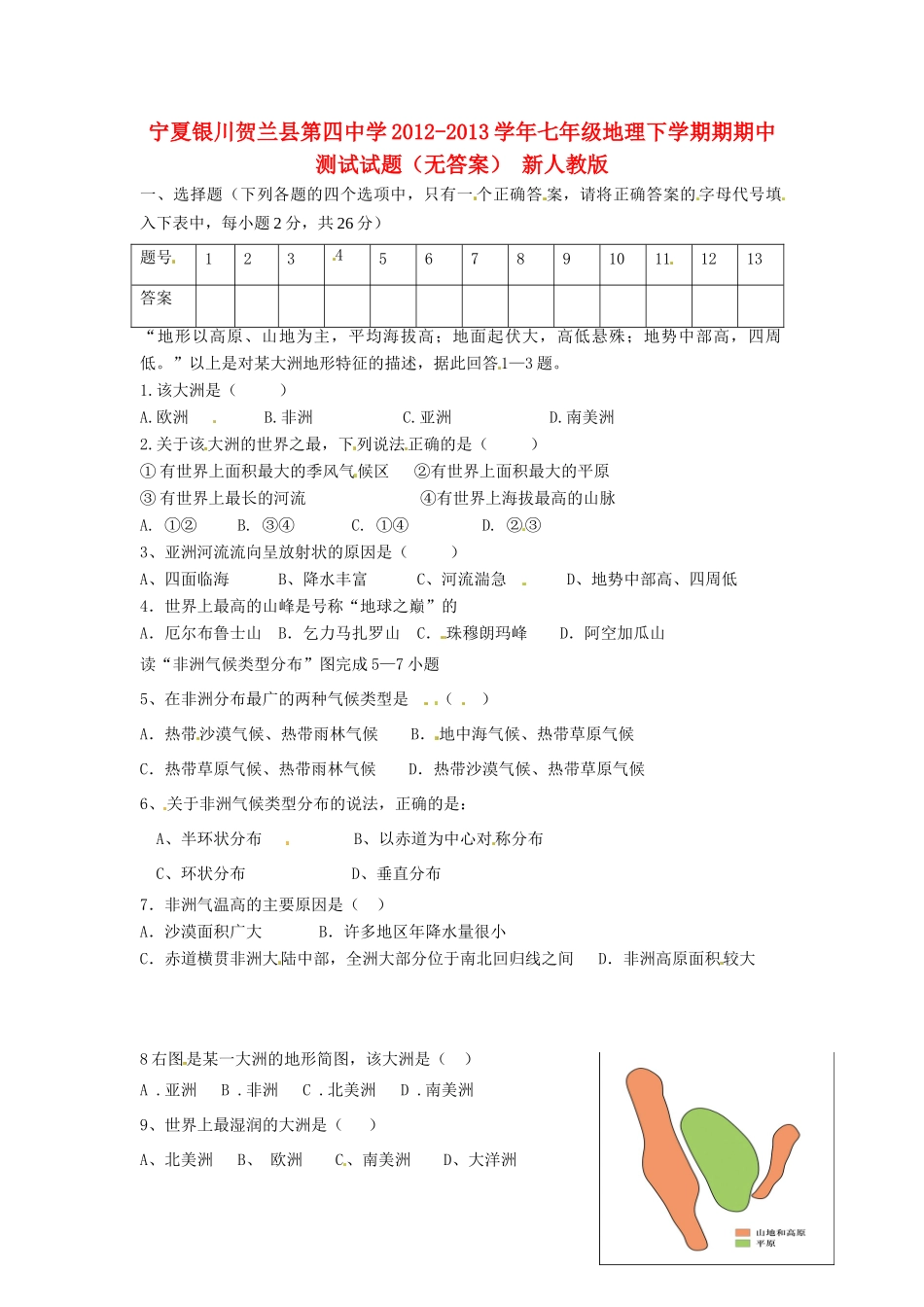 宁夏银川贺兰县七年级地理下学期期期中测试试卷 新人教版试卷_第1页