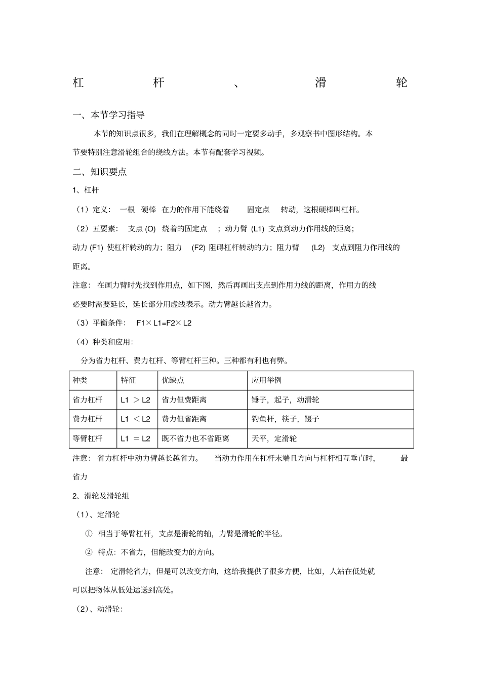 九年级上册物理力和机械杠杆滑轮知识点总结_第1页