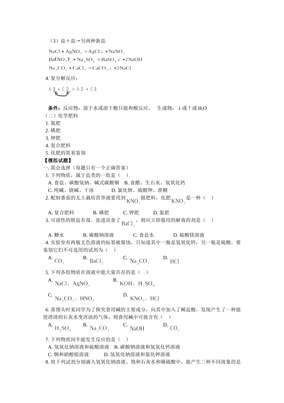 九年级化学28第十一单元  盐、化肥试卷_第2页